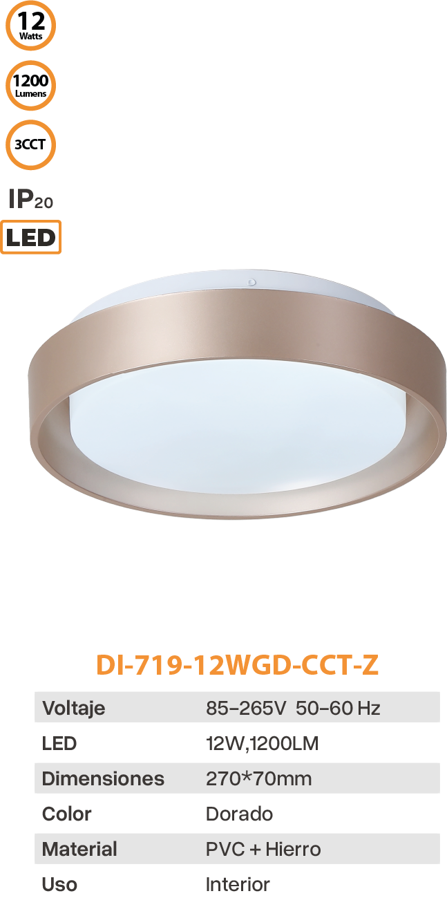 Plafón LED Dorado – DI-719-12WGD-CCT-Z